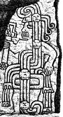 Portrayal of a fierce warrior carved in stone at Cerro Sechin Archaeological Site in Casma, northern Peru. Ink drawing.