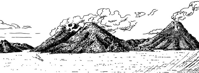 Atitlan Lake with large hills and Volcano covered by forest on its shore. In the highlands of central Guatemala. Ink drawing.
