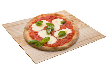Italian Pizza with tomato sauce, mozzarella and basil, on wooden tray, isolated
