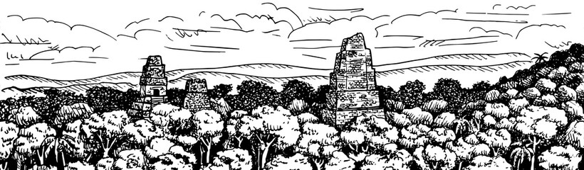 Top of pyramids amid trees of tropical forest at the old city of Tikal. An archaeological site from the Maya civilization in Guatemala. Ink drawing.