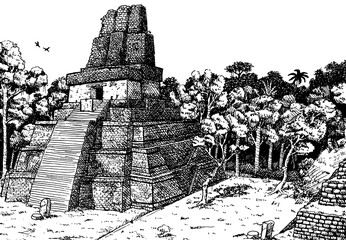 Steep temple-pyramid amid the forest at the old city of Tikal. A large archaeological site of the Maya civilization, in north Guatemala. Ink drawing.