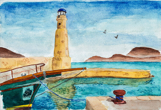 Bow of boat docked on a pier with lighthouse at the island of Crete. A large island on the Aegean Sea, in southern Greece. Watercolor painting.