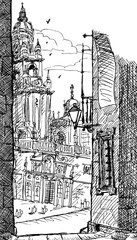 Astonishing facade of the Santiago de Compostela Cathedral, in the finish line of the Way of St. James. A pilgrimage route in Spain. Ink drawing