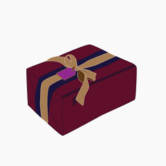 Decorative surprise gift box in Burgundy color with beige satin ribbon. Icon, vector illustration.