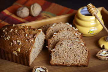 Homemade honey cake with nuts.