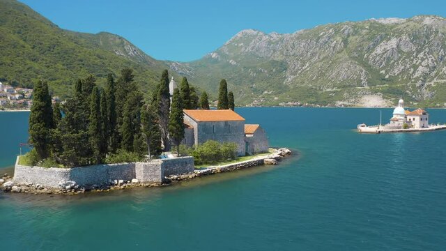 Perast, Bay of Kotor, Montenegro. Aerial view of the Our Lady of the Rocks. The island Saint George on the background