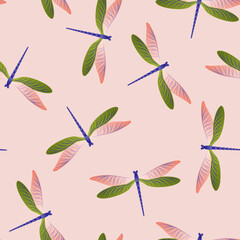 Dragonfly vintage seamless pattern. Summer dress textile print with flying adder insects. Garden 
