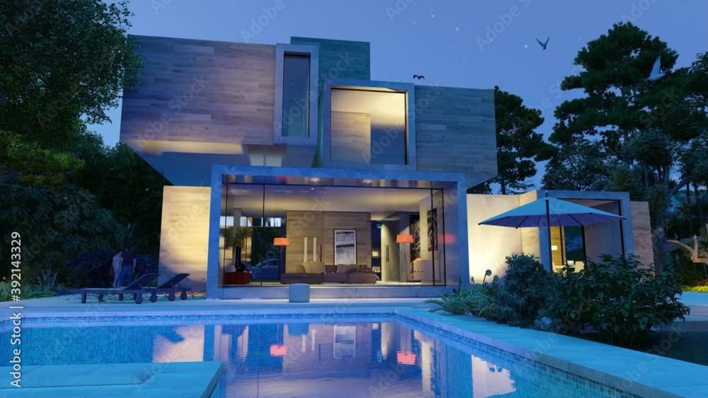 Aufkleber animation of a modern cubic house with pool and garden in the evening