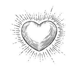 Heart with rays. Vector black vintage engraving illustration isolated on a white background. For web, poster, info graphic. © Very Well Studio