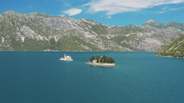 Perast, Bay of Kotor, Montenegro. Aerial view of the Our Lady of the Rocks and The island Saint George 