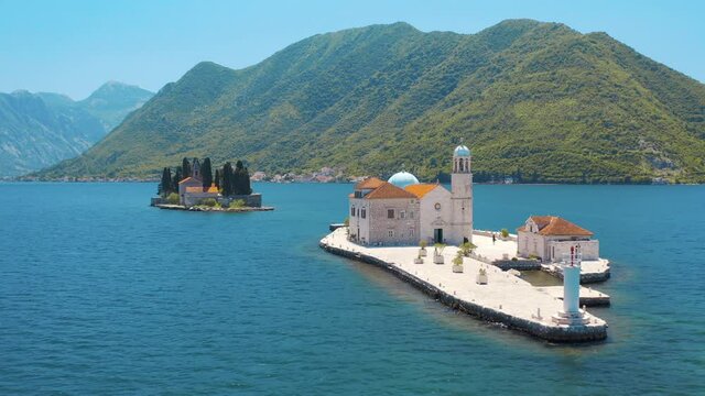 Perast, Bay of Kotor, Montenegro. Aerial view of the Our Lady of the Rocks. The island Saint George on the background. 