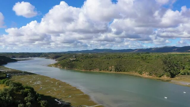 Aerial view natural landscape with Guadiana river, close to Herdade do Vau, Portugal.