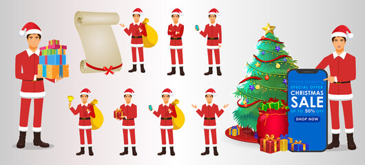 Set of cartoon Christmas Santa Claus, Funny happy Santa Claus character with gift, bag with presents, waving and greeting. For Christmas cards, banners, tags, mobile and labels. Flat Santa Character.
