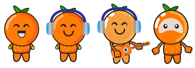 The character of an orange fruit mascot in a cute and funny style is playing guitar and listening to music