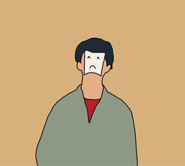 Young man with unhappy face on a sheet of paper covering face fake feeling depression mental disorder concept, sad emotion. 