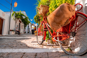 Classical bicycle parked in the middle of the old town surrounded with flowers and trafitional...