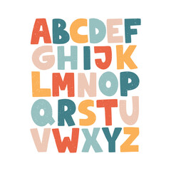 Cartoon English alphabet. ABC. Funny hand drawn graphic font. Uppercase letters. Design for typography poster, card. Colorful modern vector illustration
