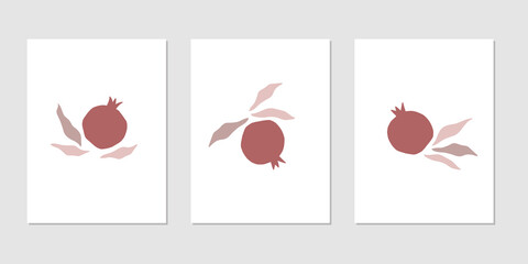 Abstract pomegranate vector illustration set. Pomegranate and leaves on white background. Contemporary art. Design for wallpaper, modern print, home decor poster