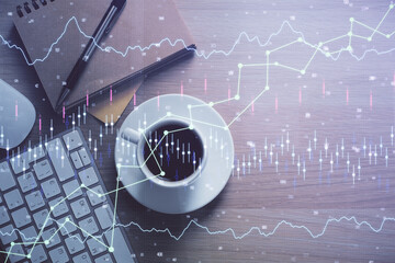 Multi exposure of forex chart drawing and work table top veiw. Concept of financial analysis.