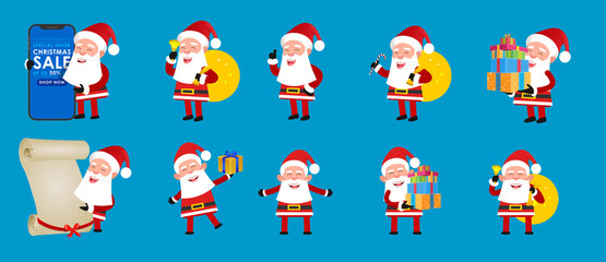 Set of cartoon Christmas Santa Claus, Funny happy Santa Claus character with gift, bag with presents, waving and greeting. For Christmas cards, banners, tags, mobile and labels. Christmas Santa Claus.