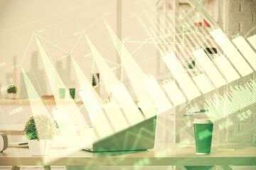 Double exposure of stock market graph drawing and office interior background. Concept of financial analysis.