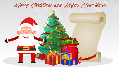 Cartoon Christmas Santa Claus, Funny happy Santa Claus character with gift, bag with presents, For Christmas cards, banners, tags, mobile and labels. Christmas Santa Claus with Christmas Gifts