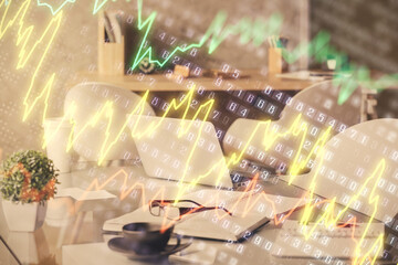Double exposure of stock market graph drawing and office interior background. Concept of financial analysis.