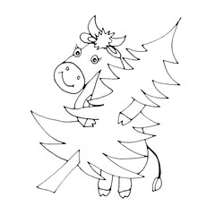 Cow with Christmas tree, symbol 2021, graphic black and white linear drawing on white background