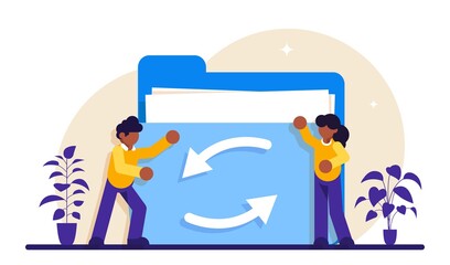 Date or job sharing concept. Delegating duties and responsibilities to colleagues. Job sharing, alternative work schedule, collaborative employment, division of a job. Modern flat illustration.