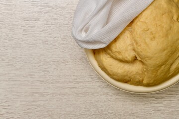 Bowl with yeast dough, covered with a towel. On the table is light on the right at the top.