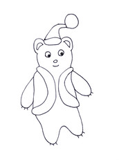 little bear in a christmas cap and vest, graphic black and white drawing on a white background