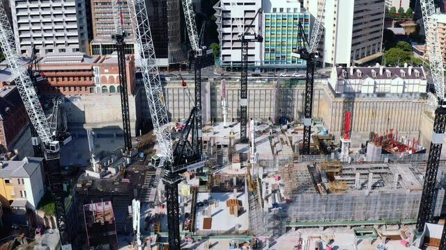 Queen's Wharf construction site, high cranes building underground floors in Brisbane CBD, QLD Australia