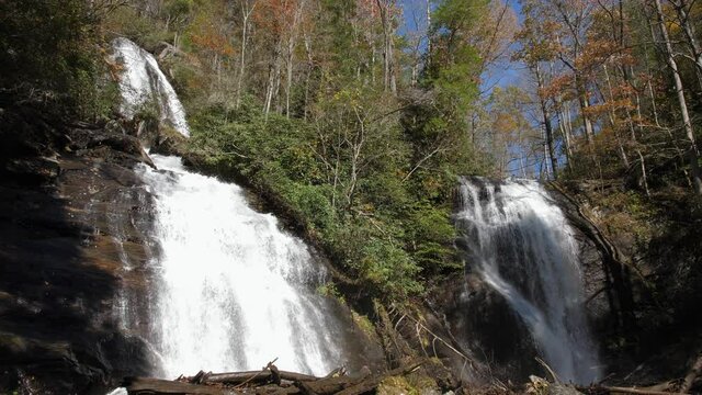Anna Ruby Falls in north Georgia in slow motion on autumn day, 4k