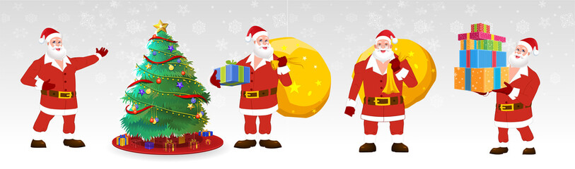 Set of cartoon Christmas Santa Claus, Funny happy Santa Claus character with gift, bag with presents, waving and greeting. For Christmas cards, banners, tags, mobile and labels. Christmas Santa Claus.