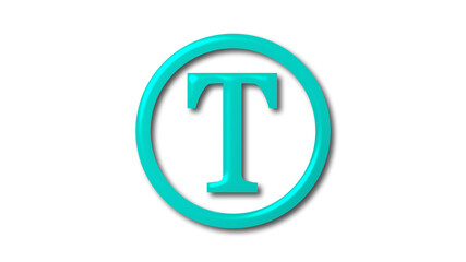 Amazing cyan shiny T 3d letter logo on white background, 3d letter logo