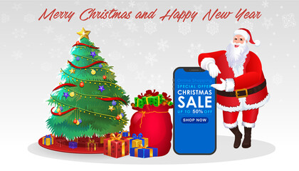 Cartoon Christmas Santa Claus, Funny happy Santa Claus character with gift, bag with presents, For Christmas cards, banners, tags, mobile and labels. Christmas Santa Claus with Christmas Gifts