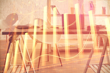 Multi exposure of stock market chart drawing and office interior background. Concept of financial analysis.