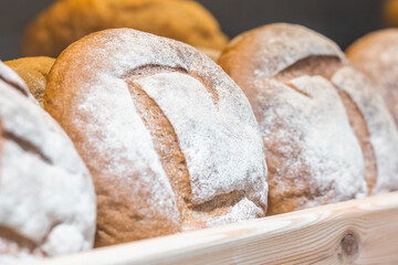 freshly baked bread on a bakery shelf