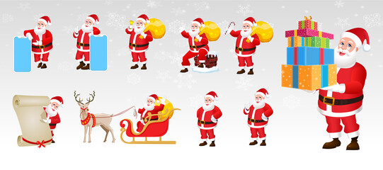 Set of cartoon Christmas Santa Claus, Funny happy Santa Claus character with gift, bag with presents, waving and greeting. For Christmas cards, banners, tags, mobile and labels. Christmas Santa Claus.