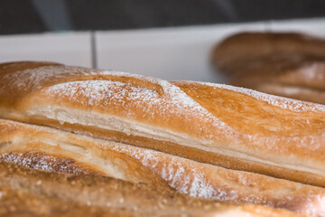 freshly baked bread on a bakery shelf