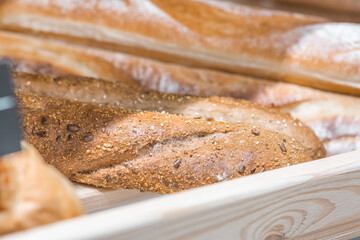 freshly baked bread on a bakery shelf