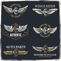 Motorcycle Tyre and Wings logo. Design element for company logo, label, emblem, sign, apparel or other merchandise. Scalable and editable Vector illustration.