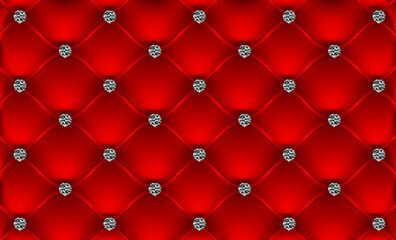Red abstract upholstery background with diamond buttons. Royal Red vintage leather upholstery leather background. Luxury Background Template. 3d realistic upholstery seamless pattern.Vector Illustrati