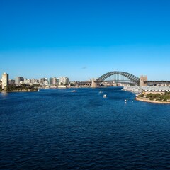 Naklejka premium Panoramic Aerial views of Sydney Harbour with the bridge, CBD, North Sydney, Barangaroo, Lavender Bay and boats in view