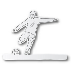black line hand drawn of soccer player shooting ball on cut paper with shadow isolated on white background