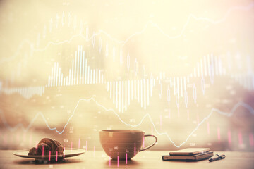 Double exposure of forex chart over coffee cup background in office. Concept of financial analysis and success.