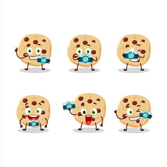 Photographer profession emoticon with chocolate chips cartoon character