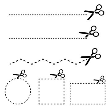 Line art ribbon with black scissors line circle square on white background. Circle shape template illustration. Stock image. EPS10.