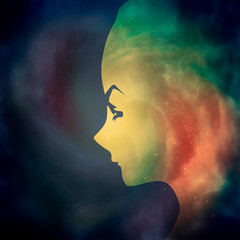 Silhouette of woman head. Scientific medical design. Double exposure. Universe filled with stars.