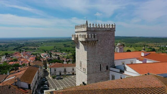 Aerial view of fortified village on hill in Portugal.